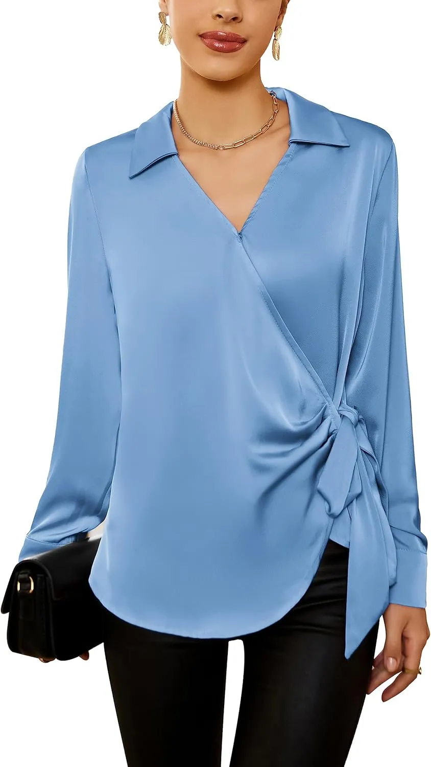 GRACE KARIN Women's Satin Silk Blouses Wrap V Neck Shirts Long Sleeve Elegant Tie Waist Office Formal Work Tunic PulloverTops