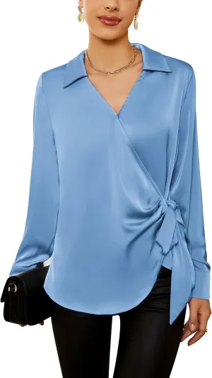 GRACE KARIN Women's Satin Silk Blouses Wrap V Neck Shirts Long Sleeve Elegant Tie Waist Office Formal Work Tunic PulloverTops