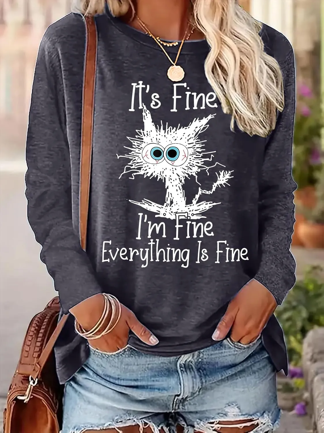 It's Fine I'm Fine Everything is Fine Funny Cat Printed T-Shirt for Women Long Sleeve