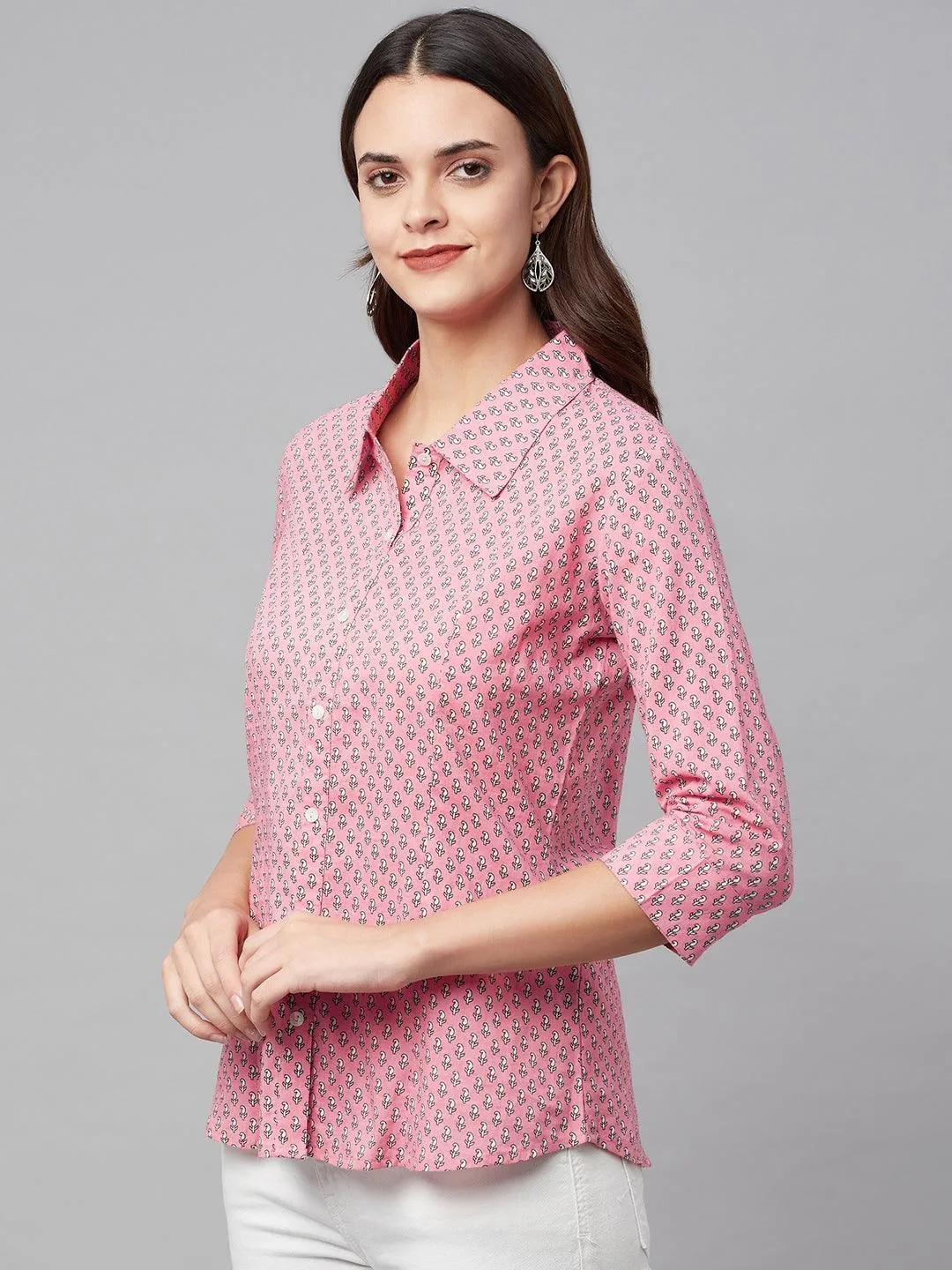 Jashvi Baby Pink Block Printed Casual Women Shirts