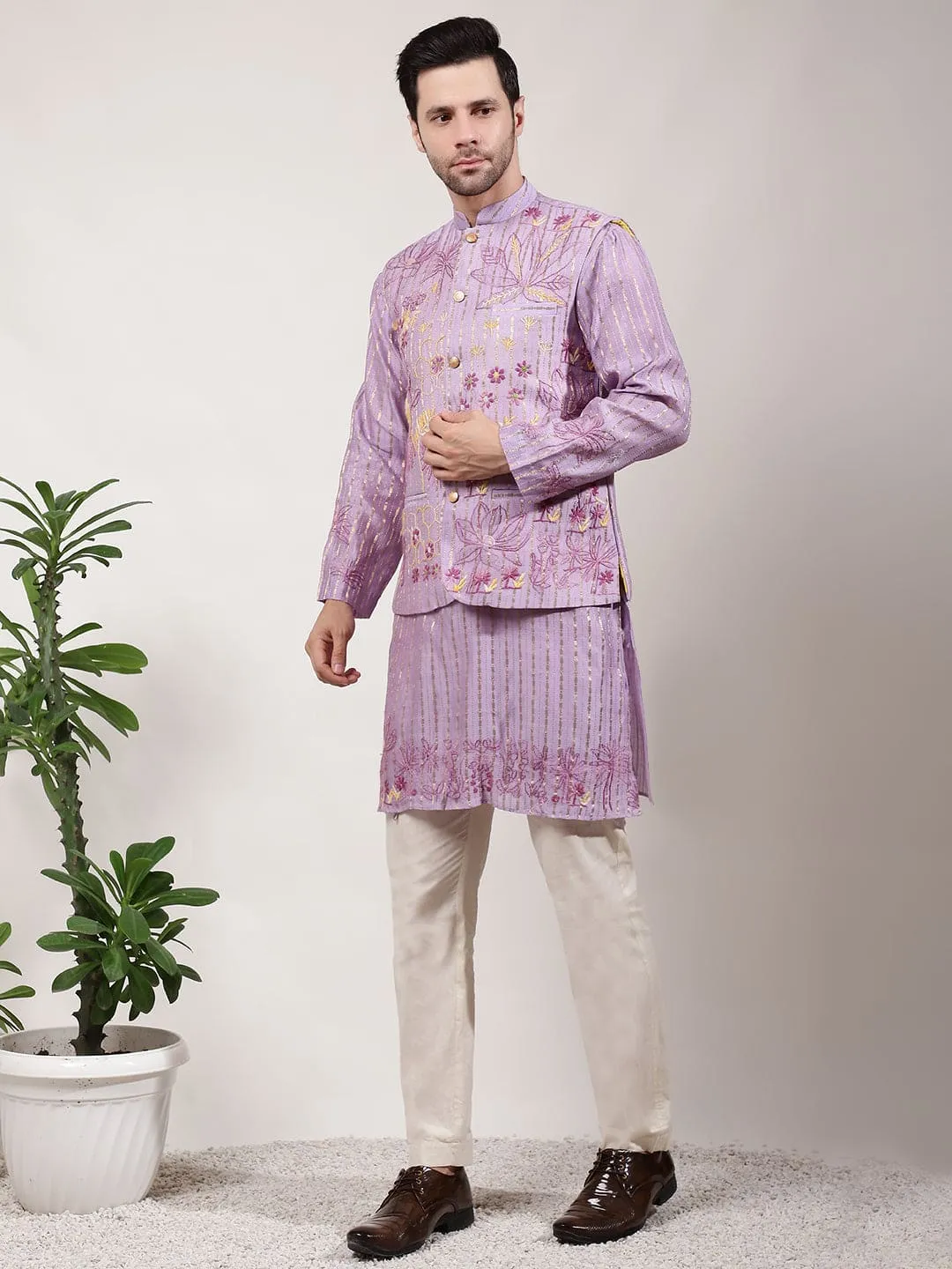 Light Purple ChikanKari Silk  Kurta Set