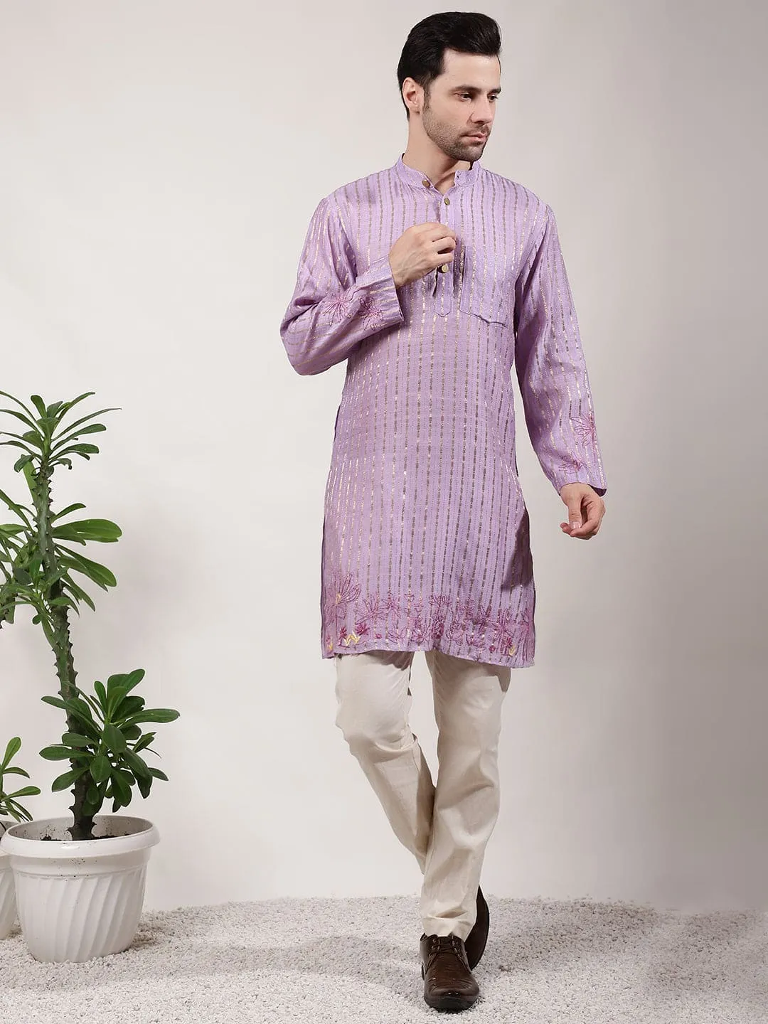 Light Purple ChikanKari Silk  Kurta Set