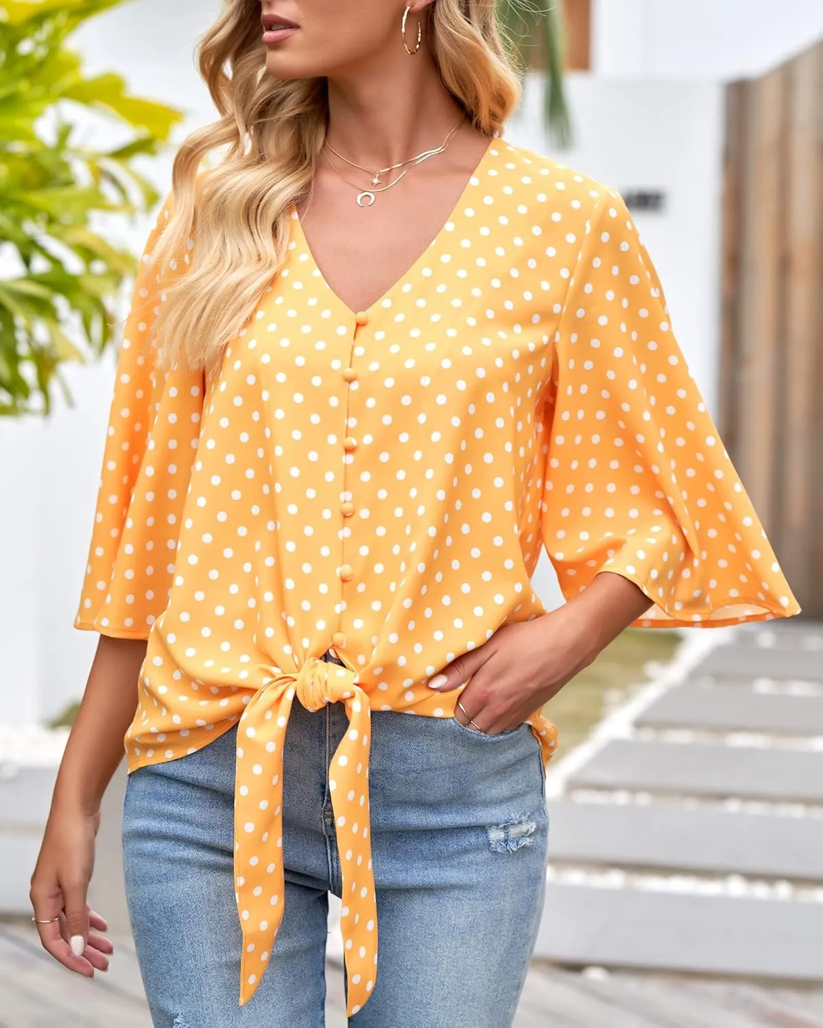 luvamia Women's V Neck Tops 3/4 Sleeve Tie Knot Floral Blouses Button Down Shirts