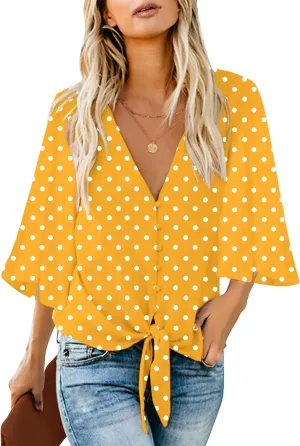 luvamia Women's V Neck Tops 3/4 Sleeve Tie Knot Floral Blouses Button Down Shirts