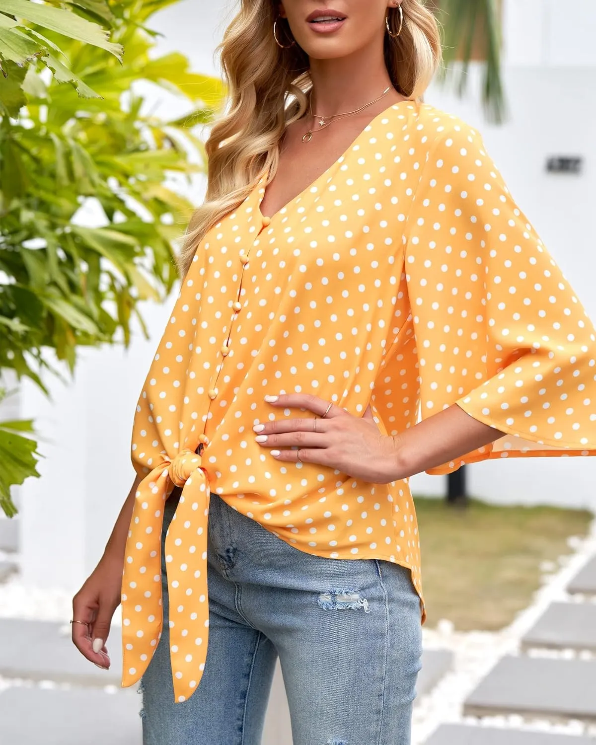 luvamia Women's V Neck Tops 3/4 Sleeve Tie Knot Floral Blouses Button Down Shirts
