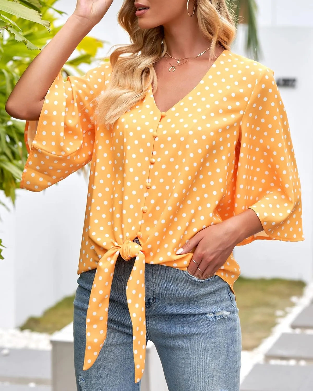 luvamia Women's V Neck Tops 3/4 Sleeve Tie Knot Floral Blouses Button Down Shirts