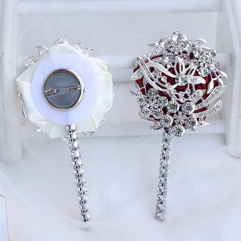 Luxury Full Satin Ribbon and Crystal Jeweled-Adorned Boutonniere