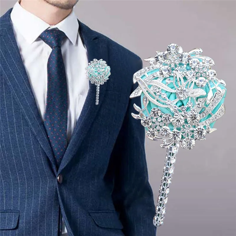 Luxury Full Satin Ribbon and Crystal Jeweled-Adorned Boutonniere