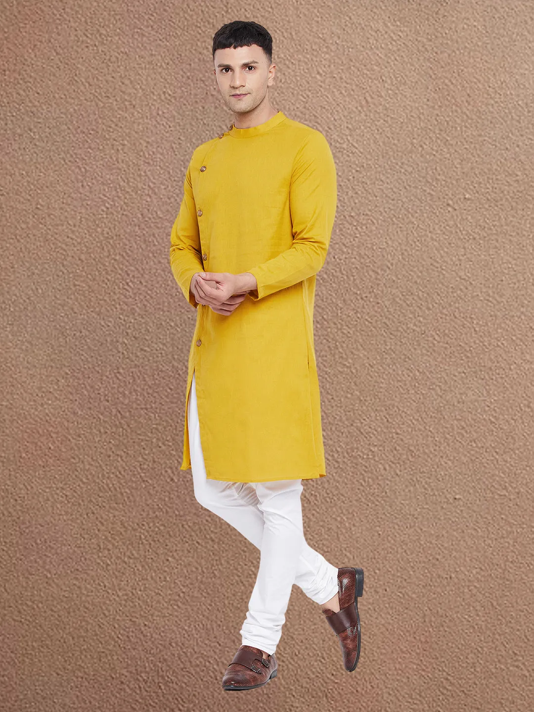 Men's Asymetrical Yellow Sherwani Kurta - Even Apparels