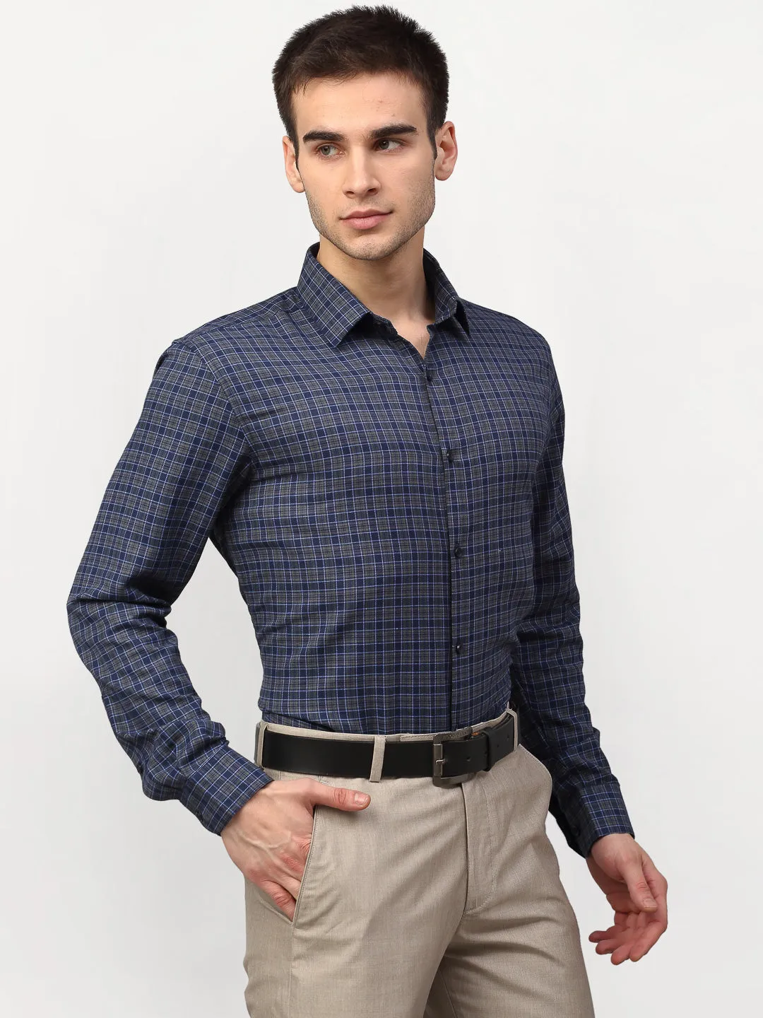 Men's Blue Checked Formal Shirts ( SF 780Blue-Grey ) - Jainish
