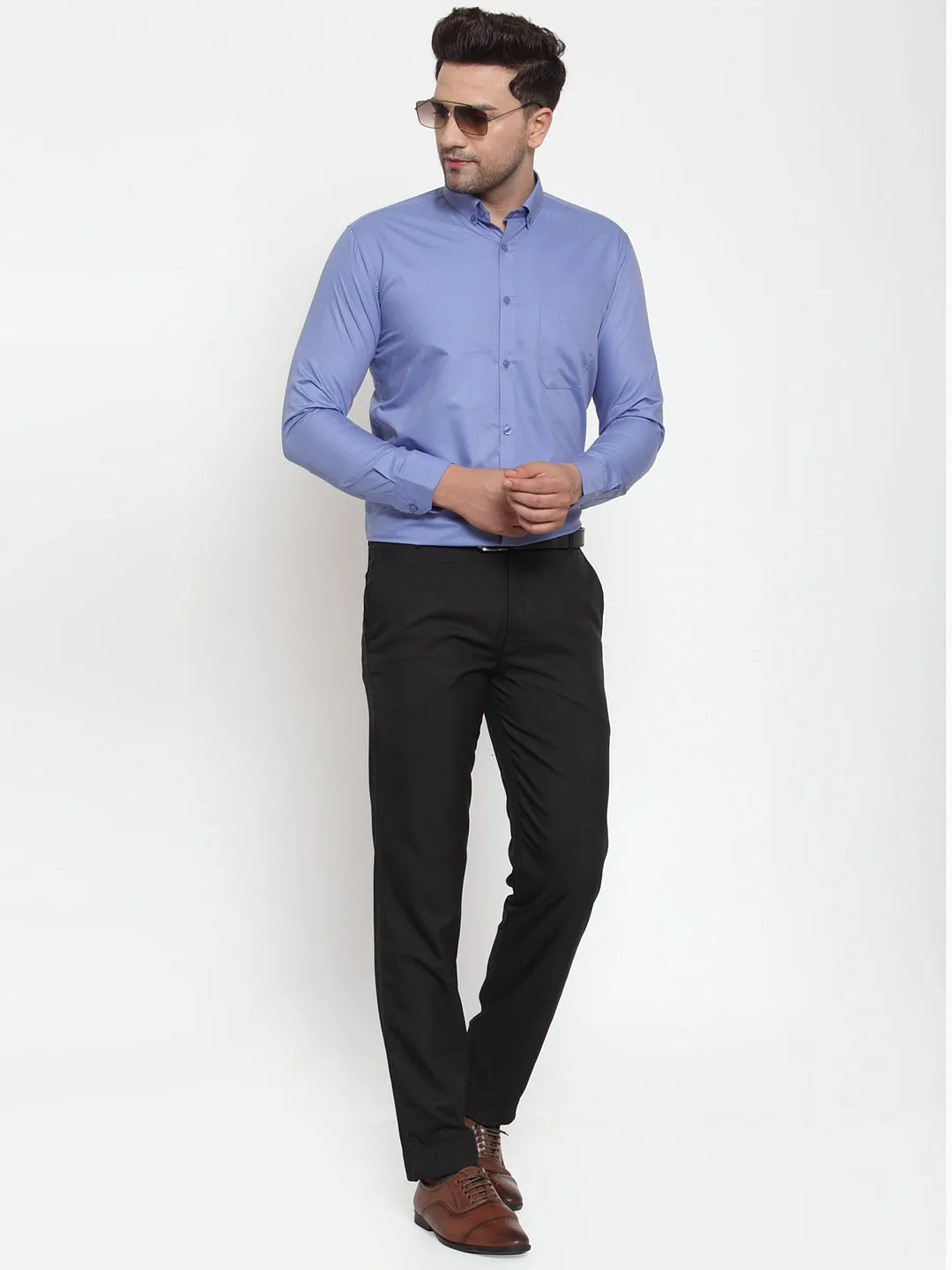 Men's Blue Cotton Solid Button Down Formal Shirts ( SF 713Light-Blue ) - Jainish