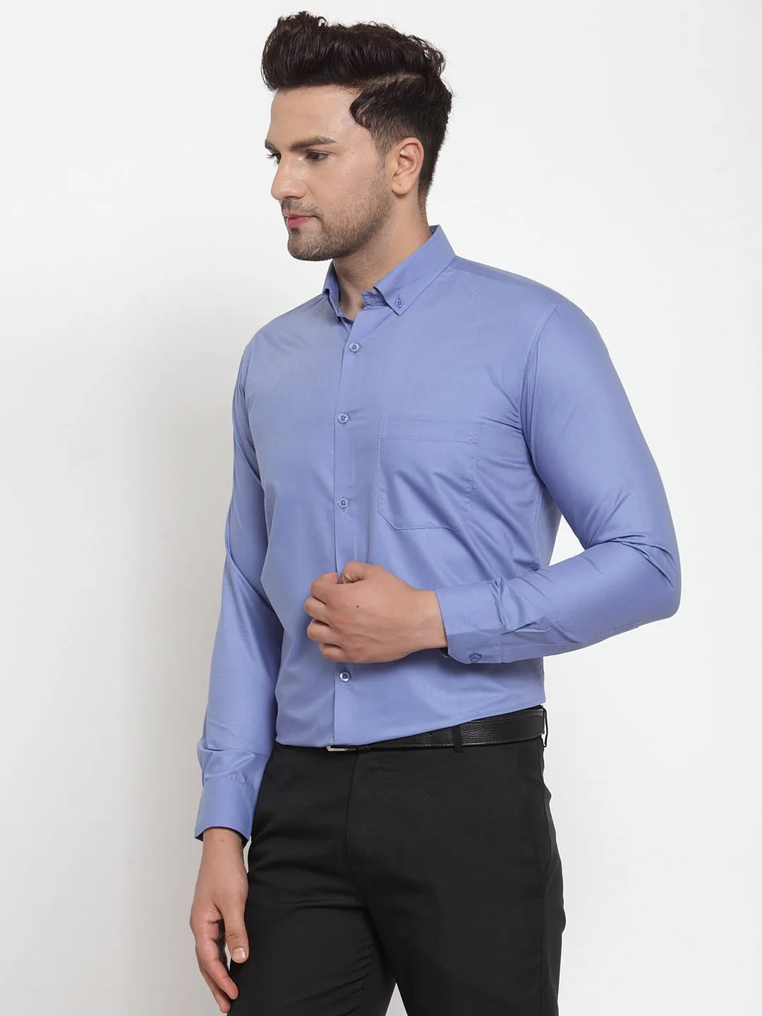 Men's Blue Cotton Solid Button Down Formal Shirts ( SF 713Light-Blue ) - Jainish