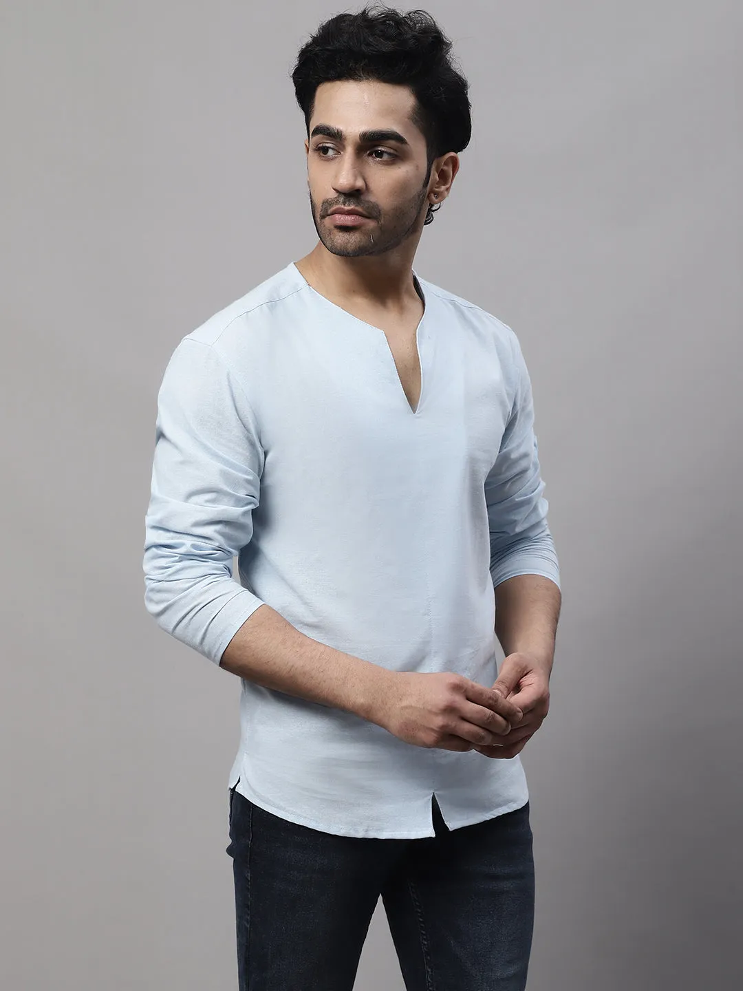 Men's Blue Pure Cotton Open Neck Kurta - Even Apparels