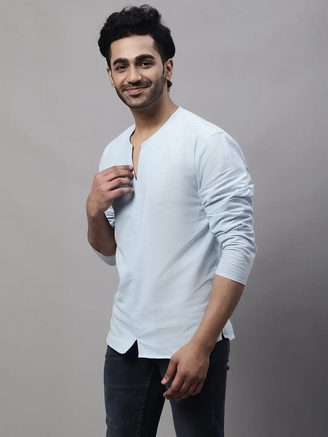 Men's Blue Pure Cotton Open Neck Kurta - Even Apparels