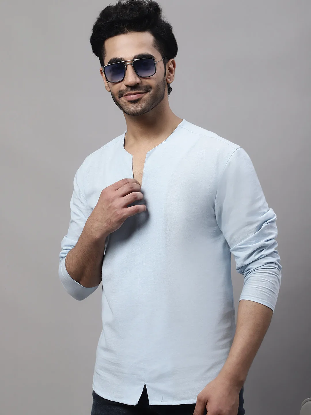 Men's Blue Pure Cotton Open Neck Kurta - Even Apparels