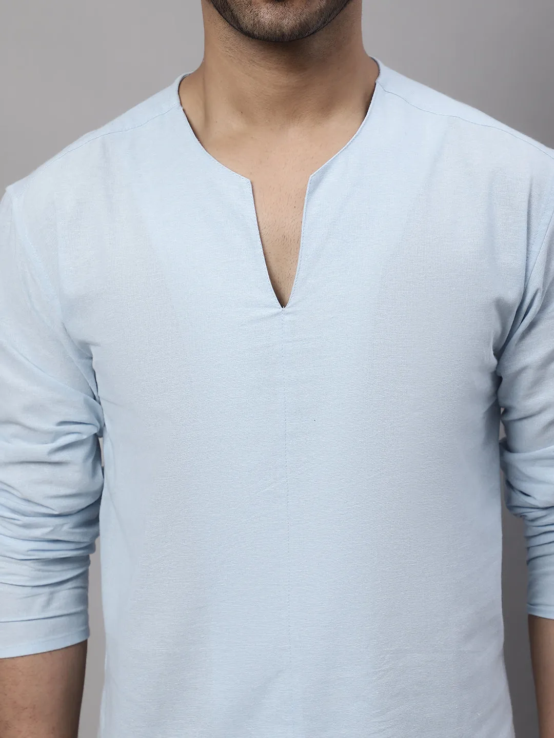 Men's Blue Pure Cotton Open Neck Kurta - Even Apparels