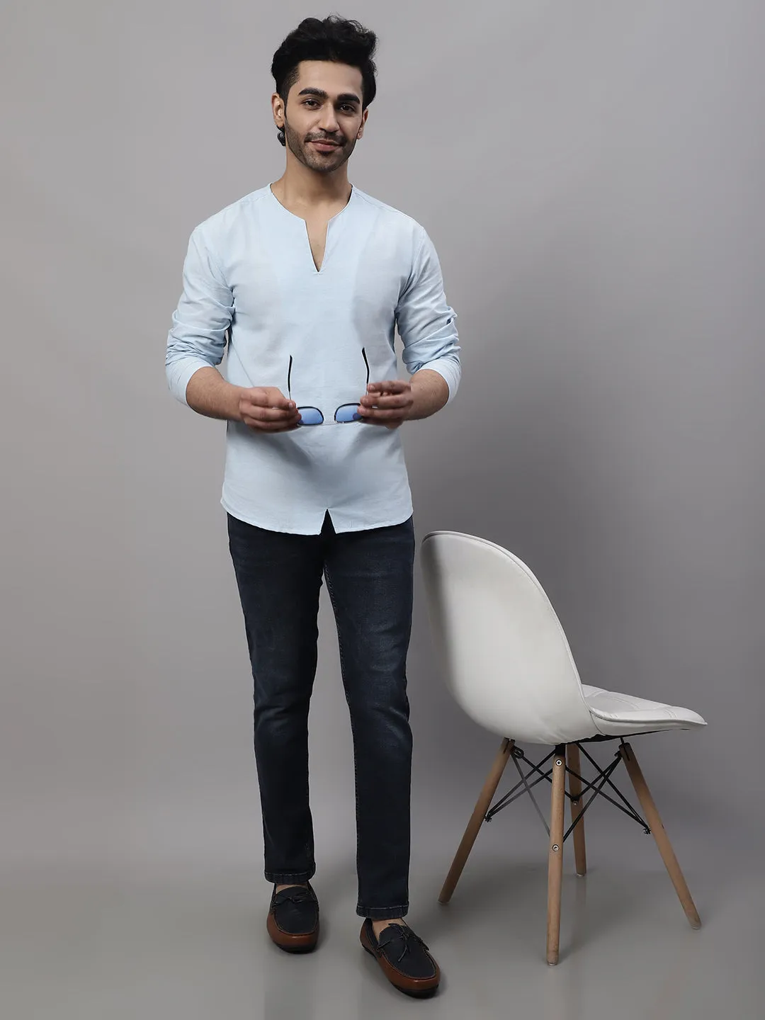 Men's Blue Pure Cotton Open Neck Kurta - Even Apparels