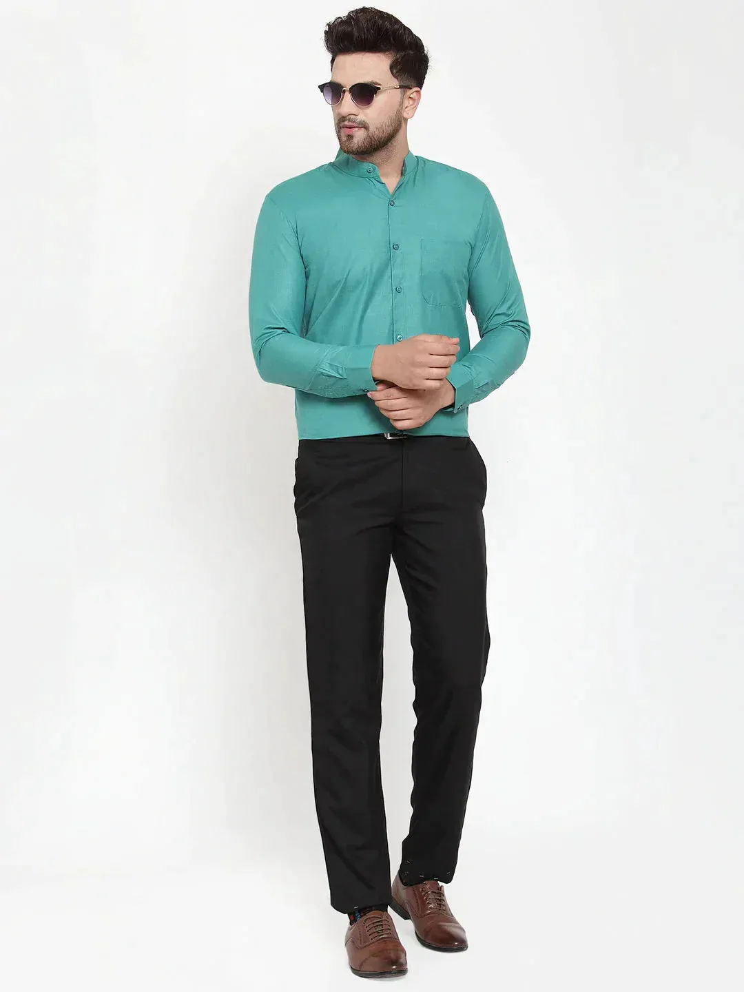 Men's Green Cotton Solid Mandarin Collar Formal Shirts - Taantav