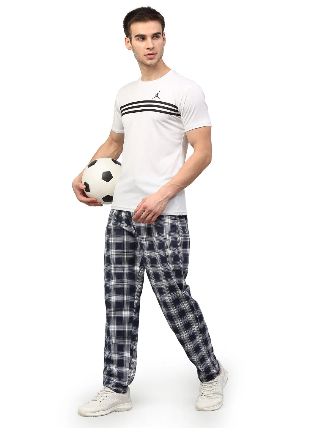 Men's Navy Blue Cotton Checked Track Pants ( JOG 016Navy ) - Jainish