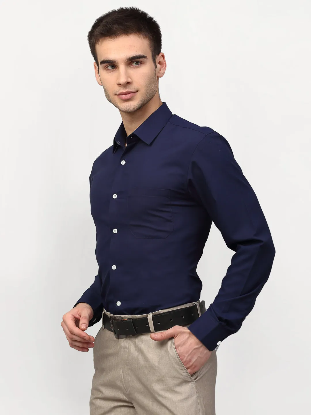 Men's Navy Blue Solid Formal Shirts ( SF 777Navy ) - Jainish