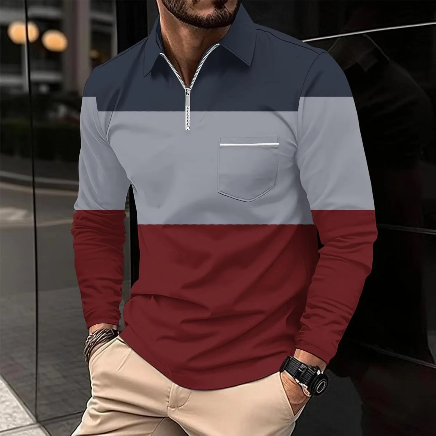 Men's Polo Shirts with Pocket Long Sleeve Casual Collar Pullover Slim Fit Zipper Polo Shirts Business Dress Shirts