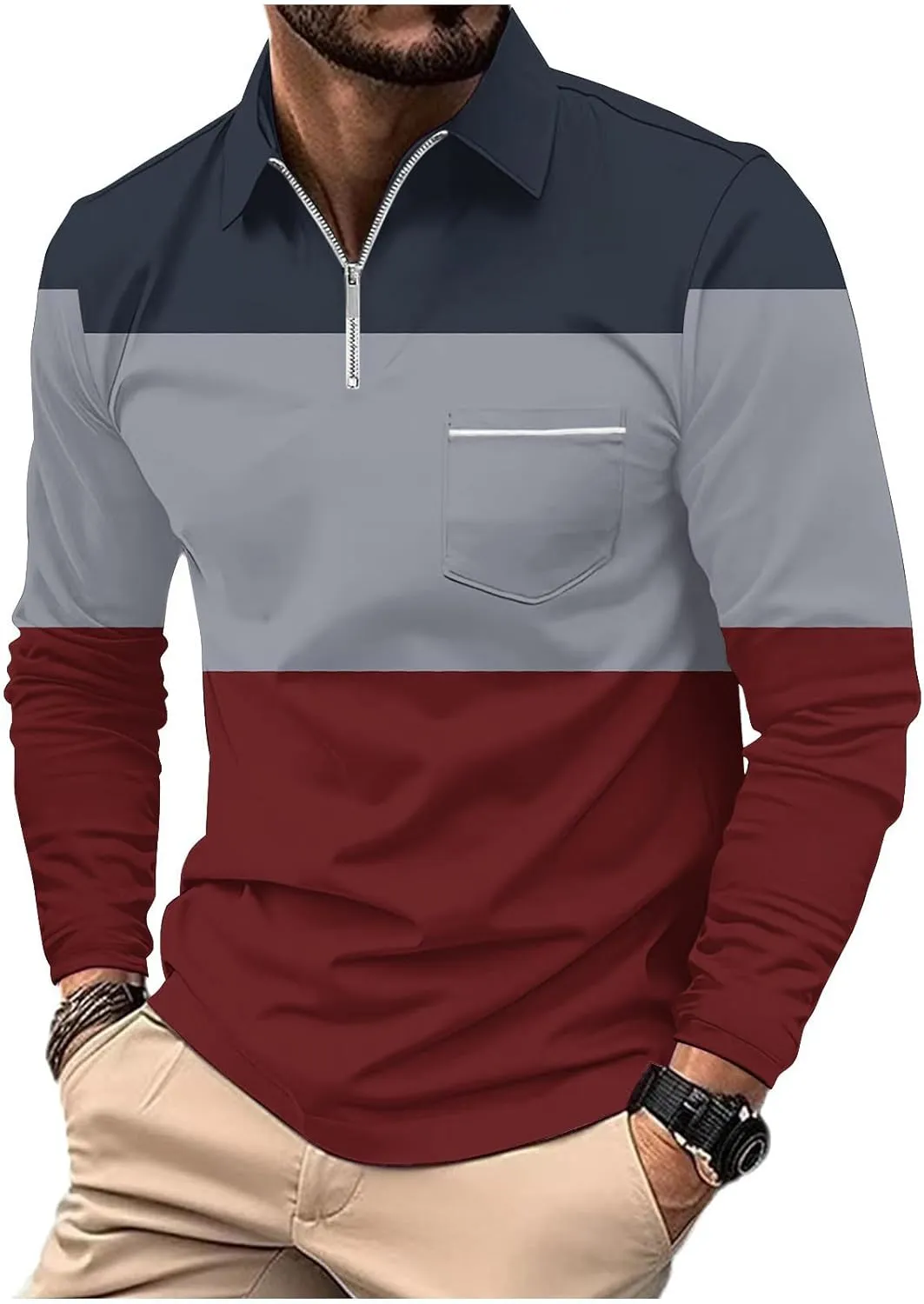 Men's Polo Shirts with Pocket Long Sleeve Casual Collar Pullover Slim Fit Zipper Polo Shirts Business Dress Shirts