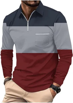 Men's Polo Shirts with Pocket Long Sleeve Casual Collar Pullover Slim Fit Zipper Polo Shirts Business Dress Shirts