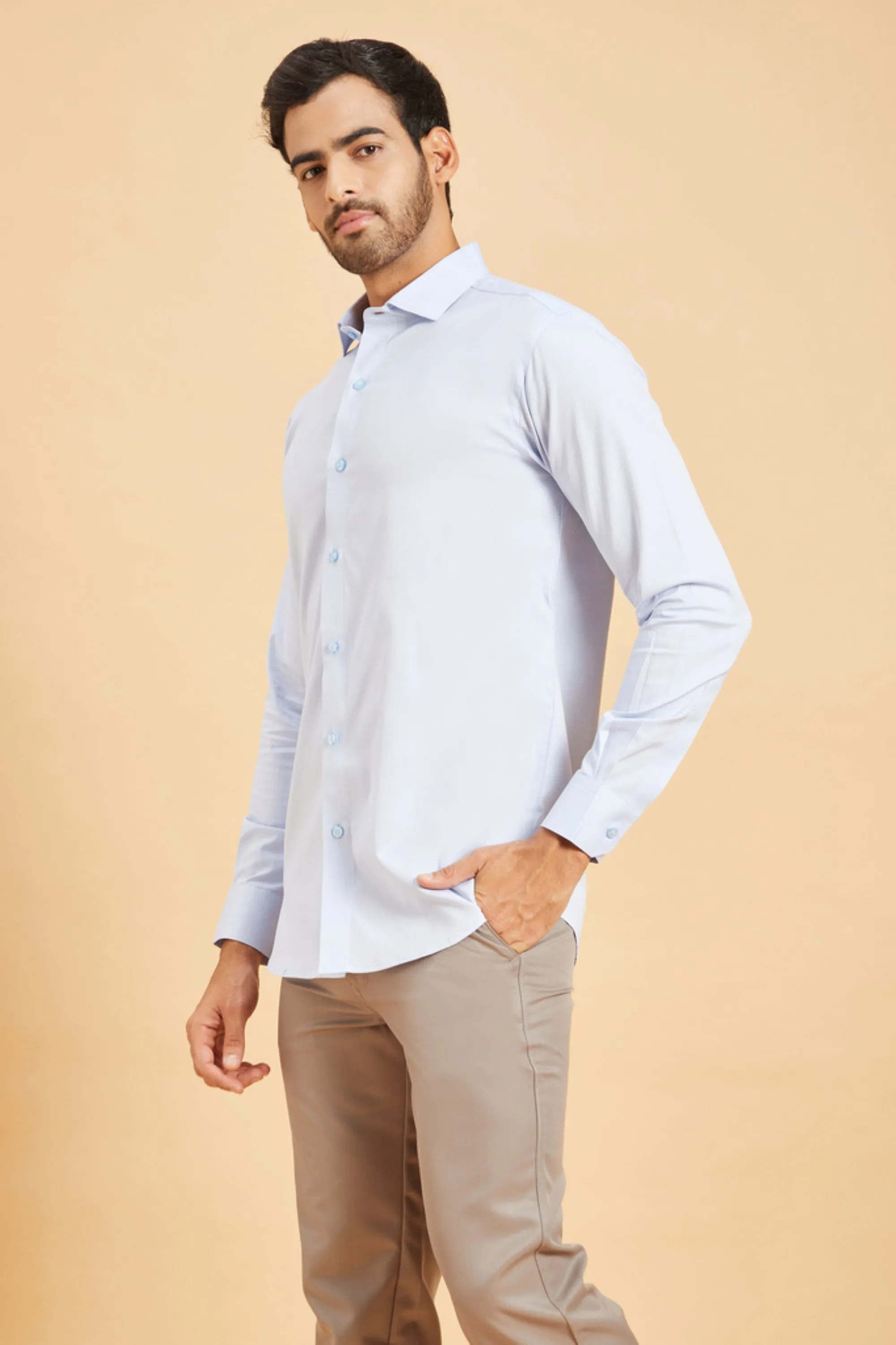 Men's Sky Blue Color Skii Collar Shirt Full Sleeves Casual Shirt - Hilo Design