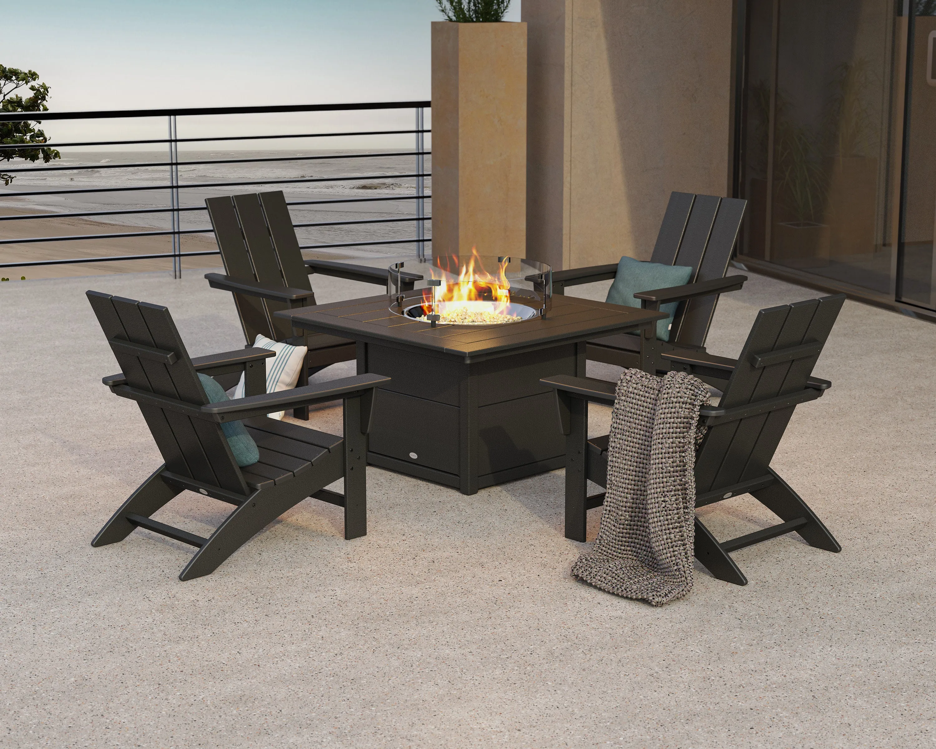 Modern 5-Piece Adirondack Chair Conversation Set with Fire Pit Table