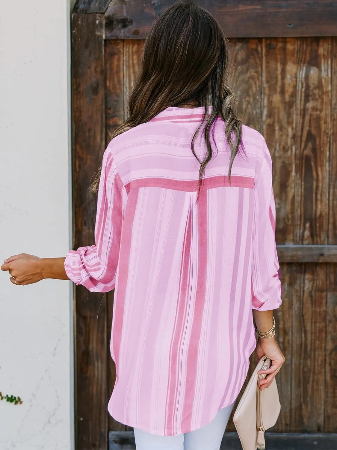 Mutitop Womens Button Down Shirts Striped Dress Shirts Long Sleeve Textured Blouse Collared Work Office Top Casual Tunic