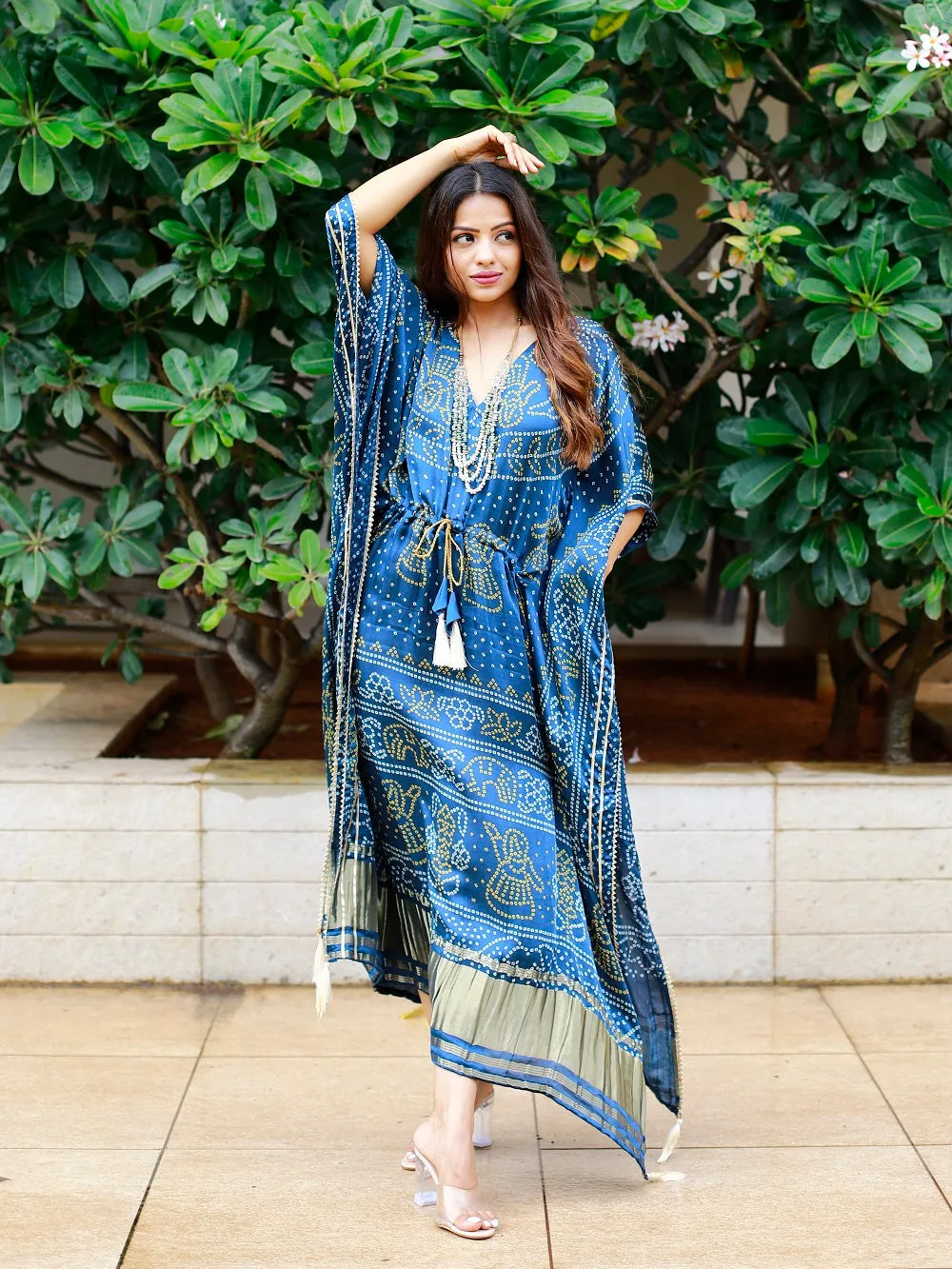 Navy Blue Color Digital Bandhej Printed Pure Gaji Silk Kaftan