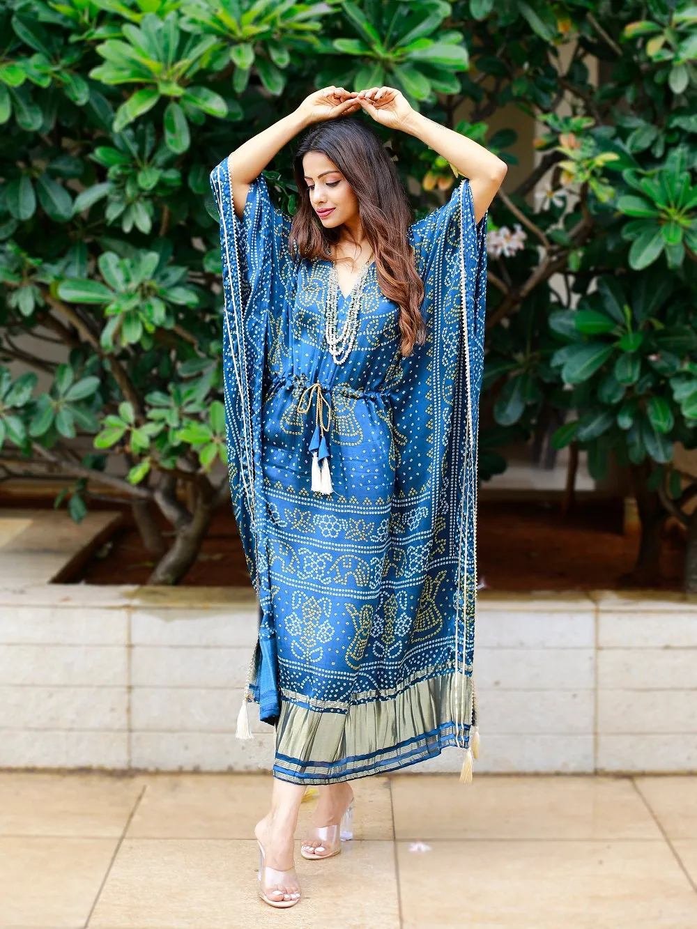 Navy Blue Color Digital Bandhej Printed Pure Gaji Silk Kaftan