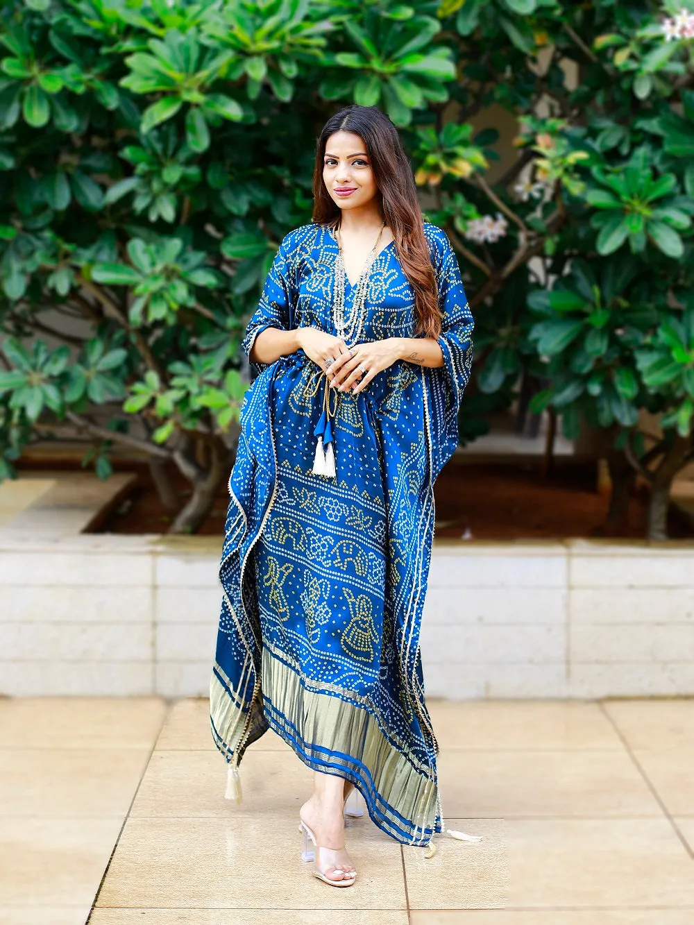 Navy Blue Color Digital Bandhej Printed Pure Gaji Silk Kaftan
