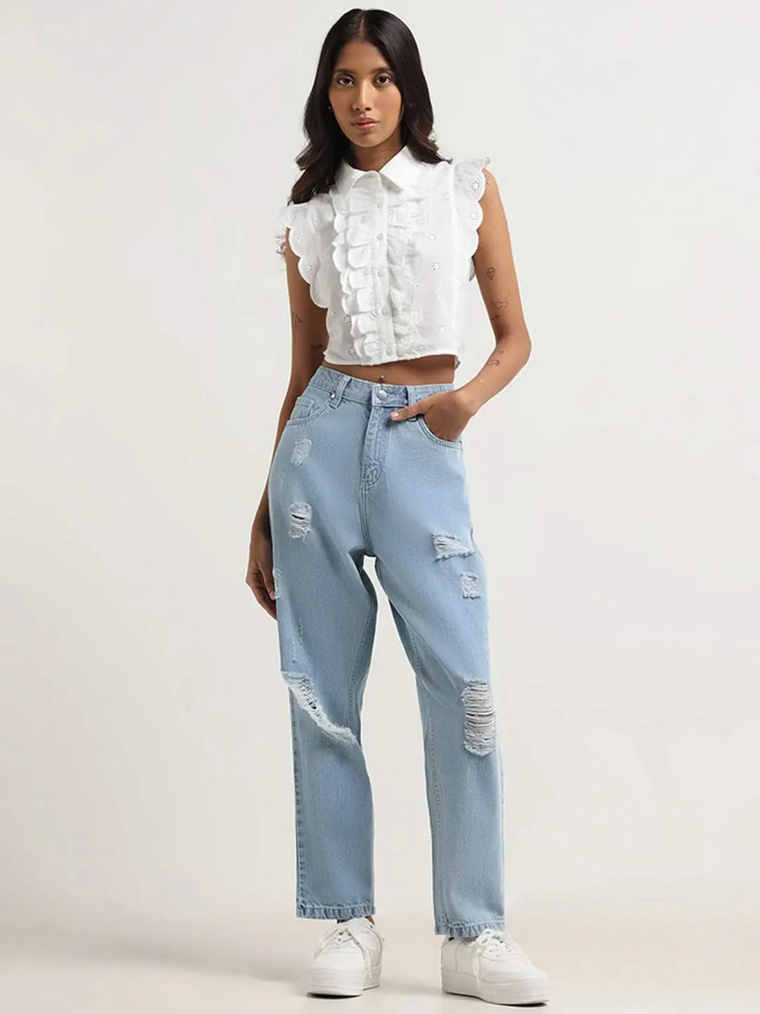 Nuon White Cotton Shifflie Crop Top