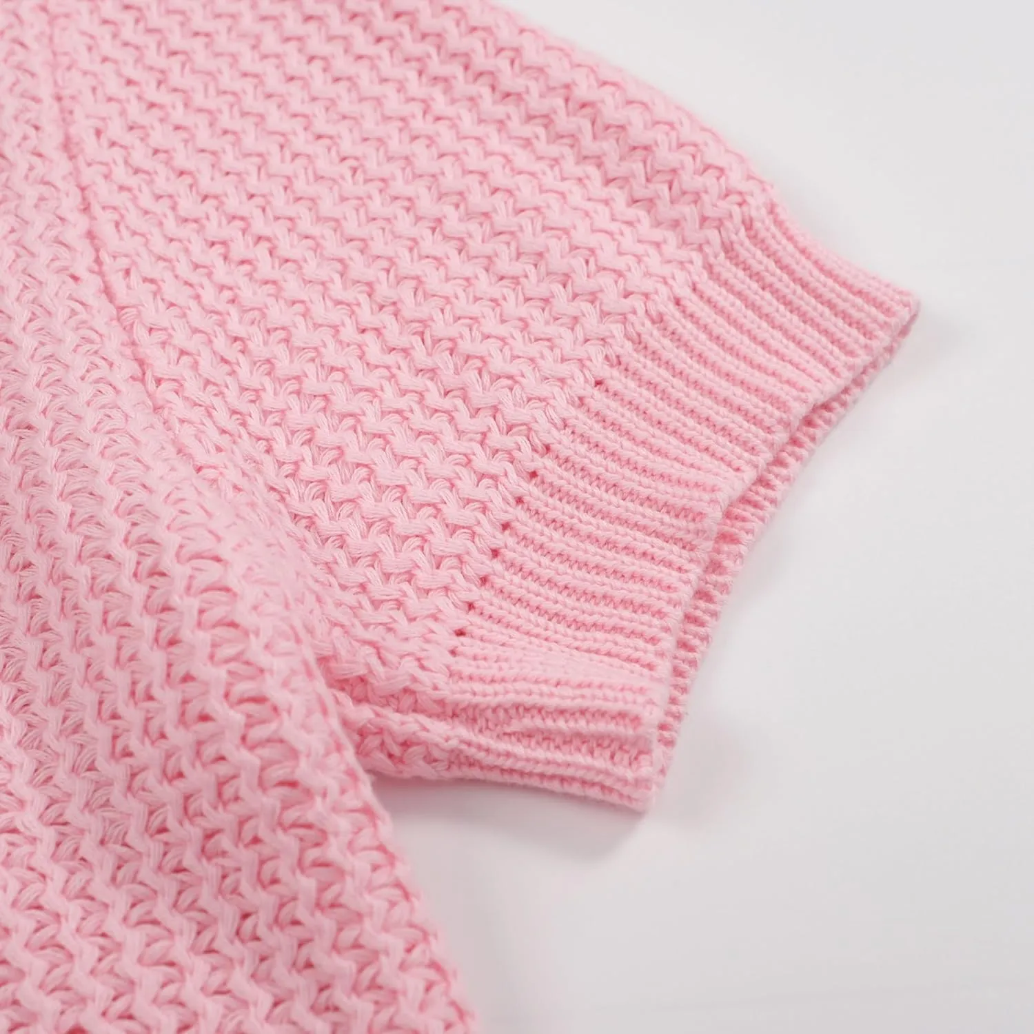 OXKNIT Men's Casual Knitted Polo Shirt Pink V Neck Texture Shirt Short Sleeve Summer Shirt