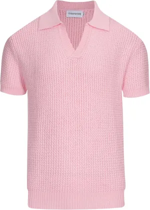 OXKNIT Men's Casual Knitted Polo Shirt Pink V Neck Texture Shirt Short Sleeve Summer Shirt