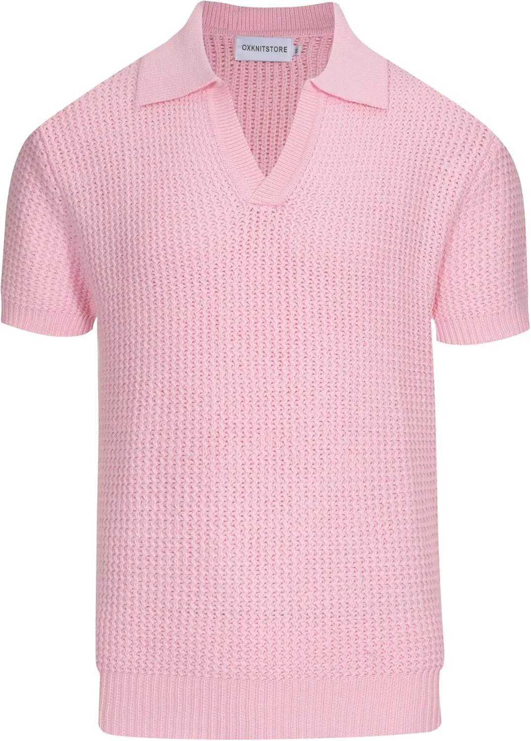 OXKNIT Men's Casual Knitted Polo Shirt Pink V Neck Texture Shirt Short Sleeve Summer Shirt