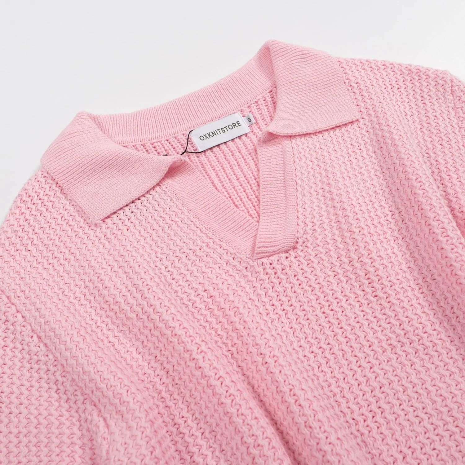 OXKNIT Men's Casual Knitted Polo Shirt Pink V Neck Texture Shirt Short Sleeve Summer Shirt