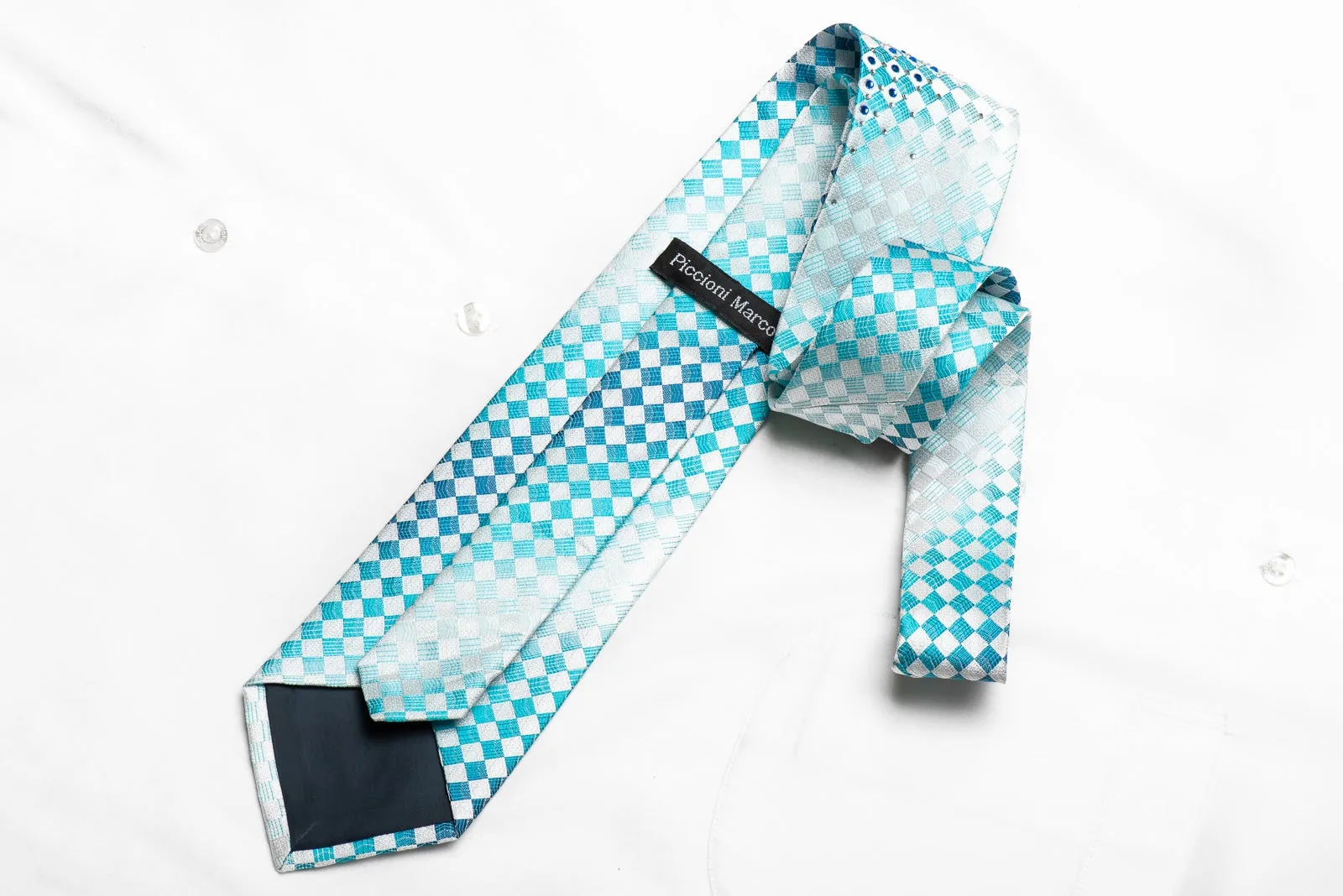 Piccioni Marco Men's Crystal Tie Blue White Checkered With Silver Sparkles