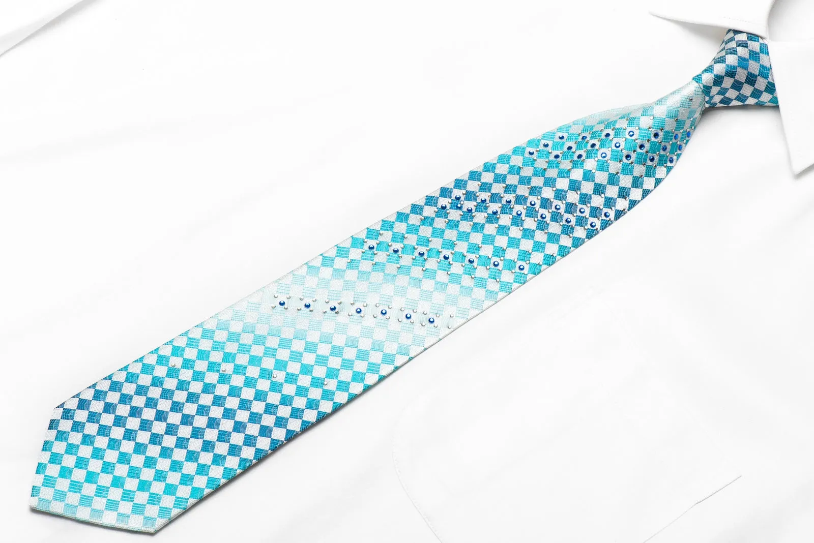 Piccioni Marco Men's Crystal Tie Blue White Checkered With Silver Sparkles