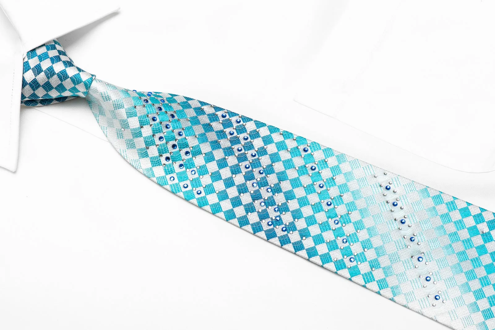 Piccioni Marco Men's Crystal Tie Blue White Checkered With Silver Sparkles