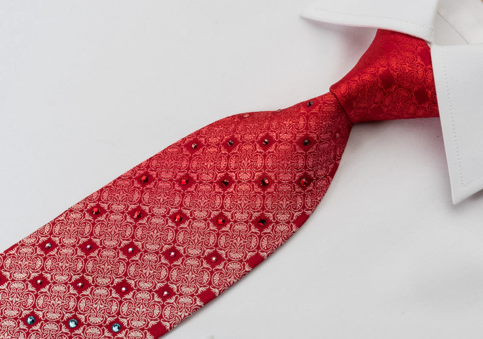 Pierre Cardin Silk Necktie With Large Rhinestones Silver Anthemion On Red