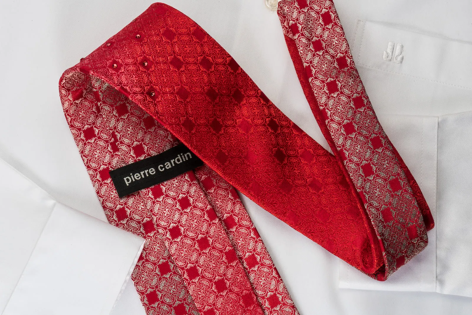 Pierre Cardin Silk Necktie With Large Rhinestones Silver Anthemion On Red