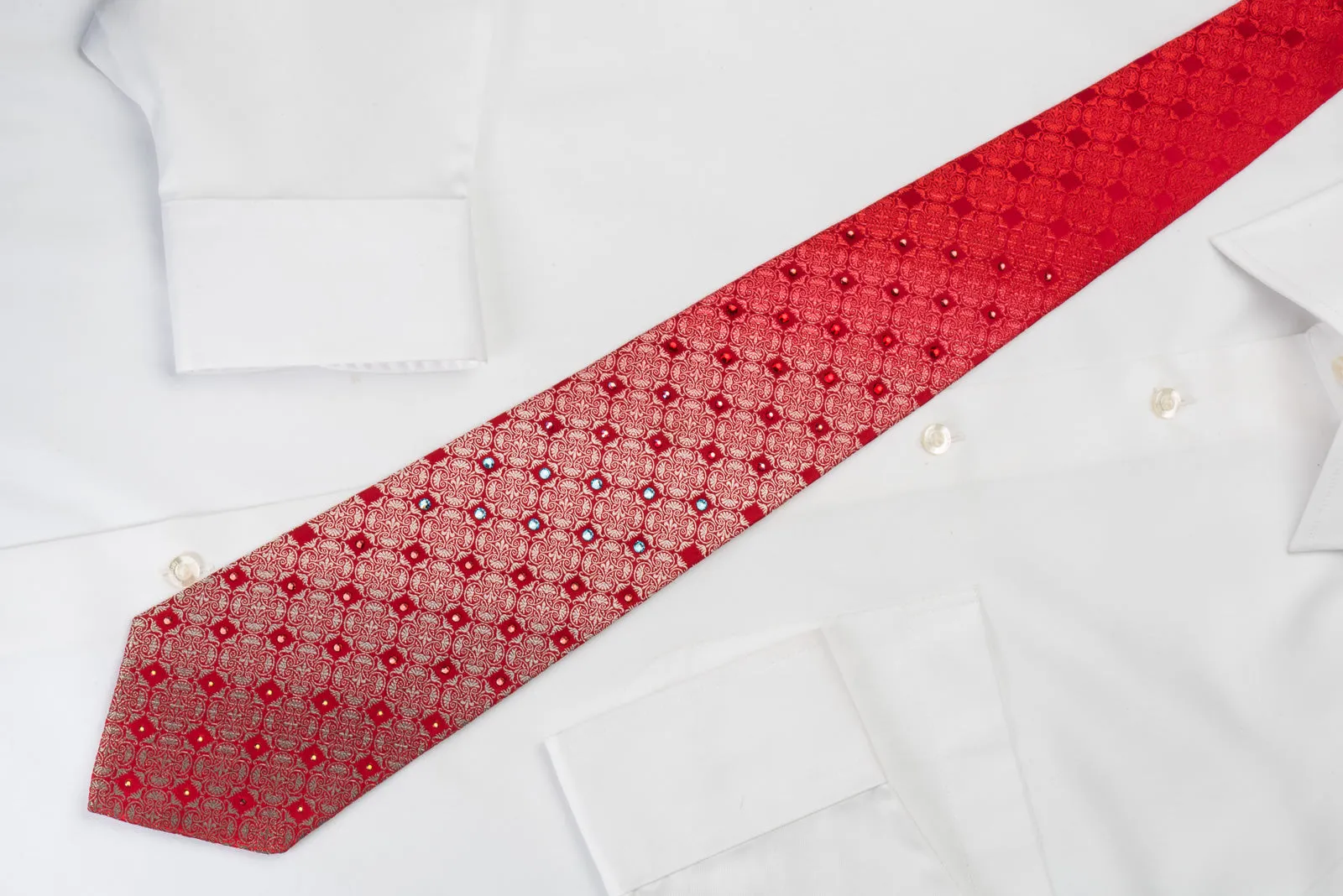 Pierre Cardin Silk Necktie With Large Rhinestones Silver Anthemion On Red
