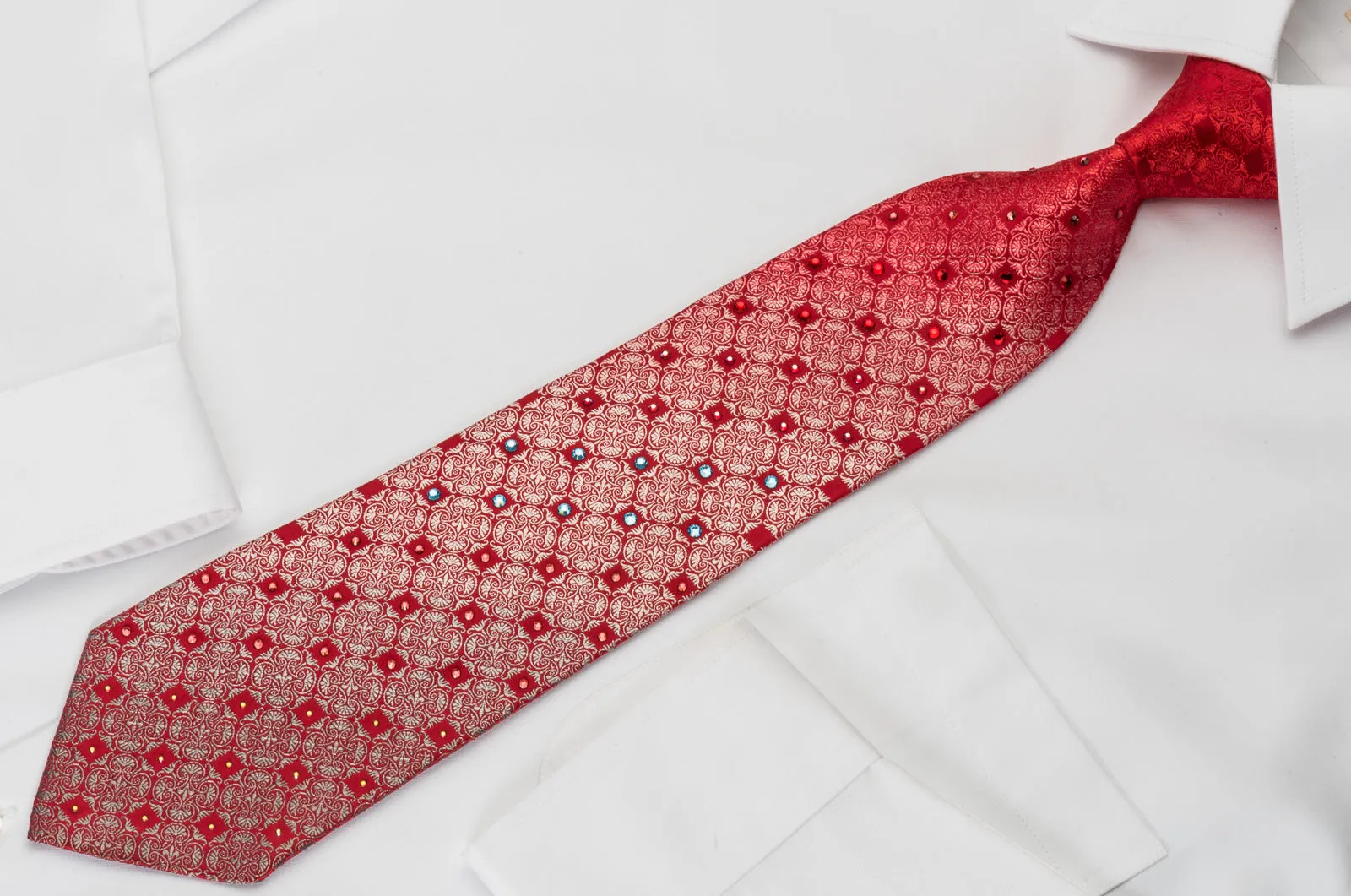 Pierre Cardin Silk Necktie With Large Rhinestones Silver Anthemion On Red