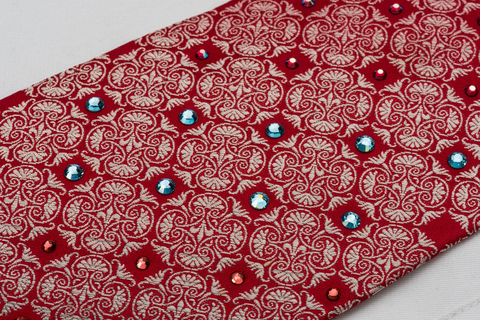 Pierre Cardin Silk Necktie With Large Rhinestones Silver Anthemion On Red