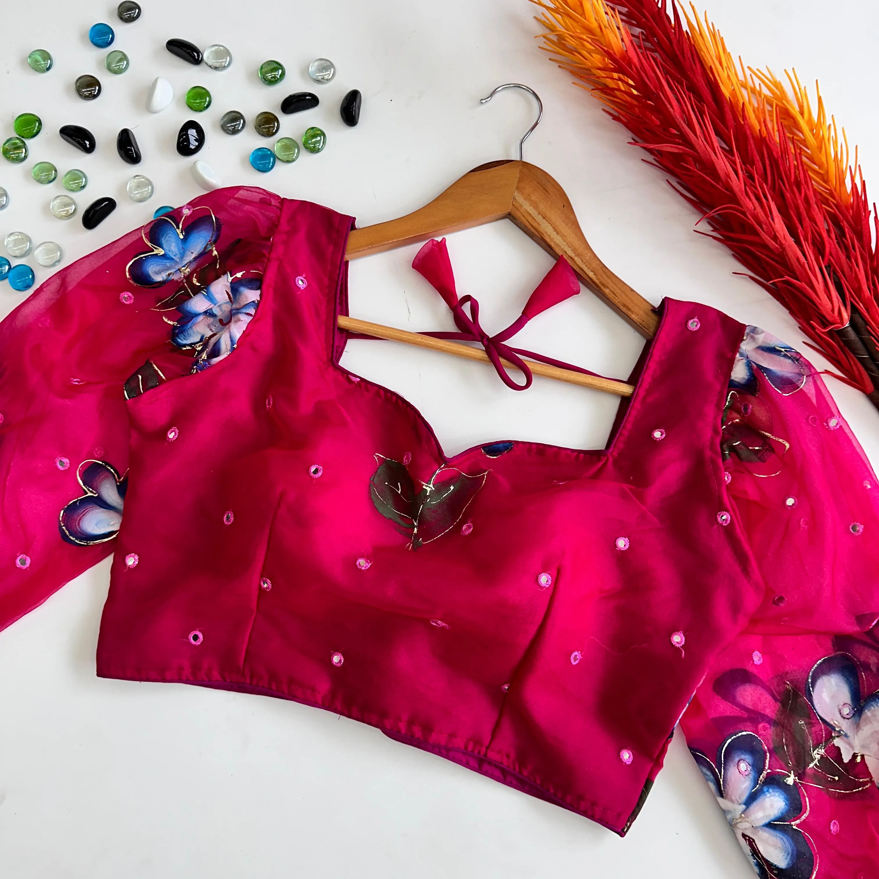 Pink Hand-Painted Organza Silk Blouse with Embroidery Accents