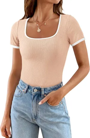 PRETTYGARDEN Women's Summer Short Sleeve T Shirts Ribbed Knit Square Neck Color Block Slim Fit Basic Casual Crop Tops Blouses