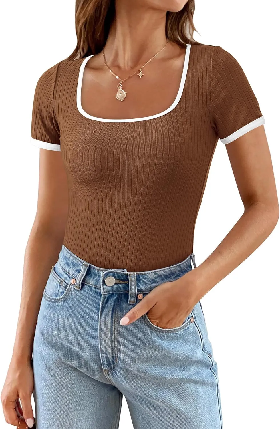 PRETTYGARDEN Women's Summer Short Sleeve T Shirts Ribbed Knit Square Neck Color Block Slim Fit Basic Casual Crop Tops Blouses