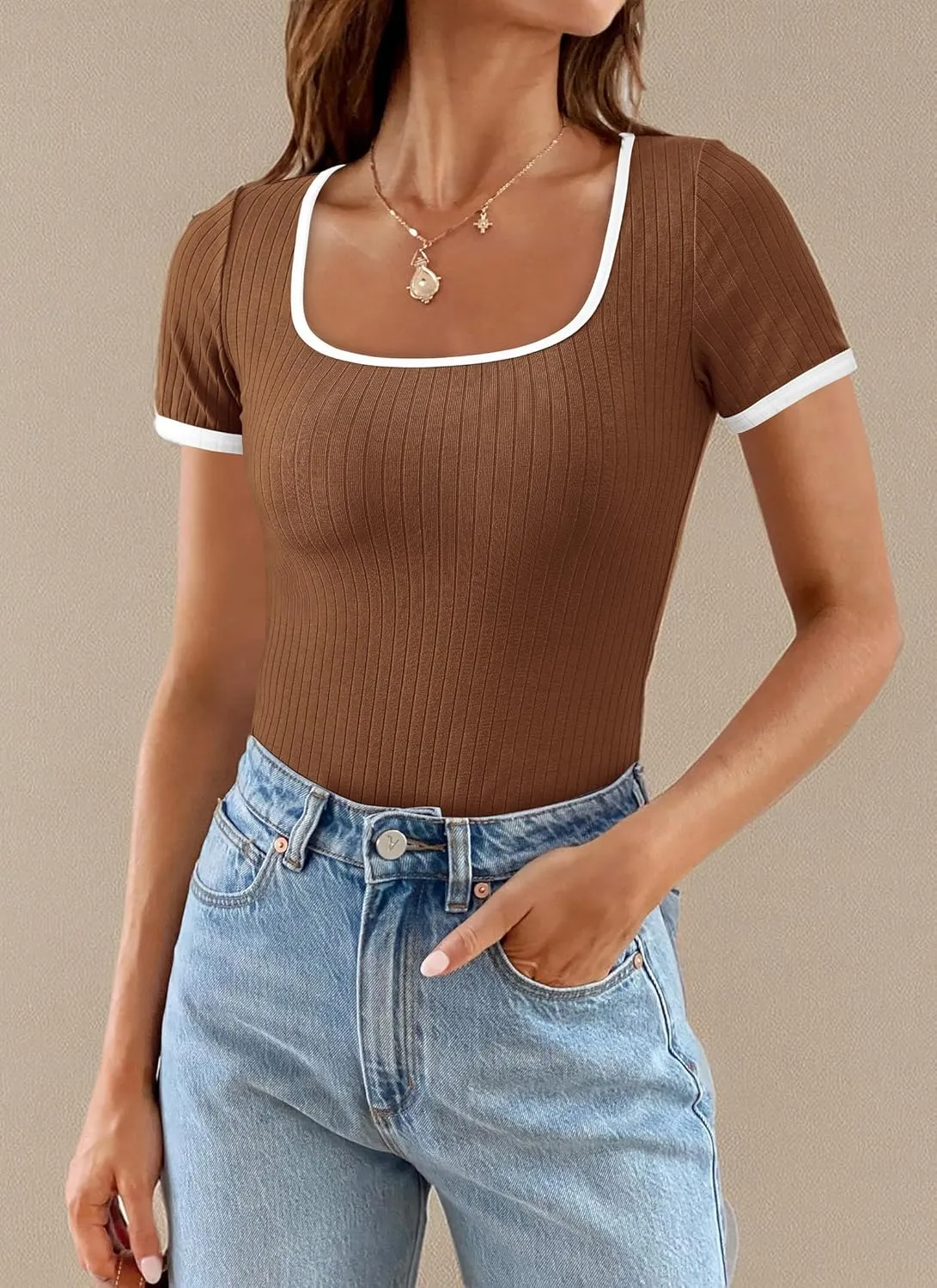 PRETTYGARDEN Women's Summer Short Sleeve T Shirts Ribbed Knit Square Neck Color Block Slim Fit Basic Casual Crop Tops Blouses